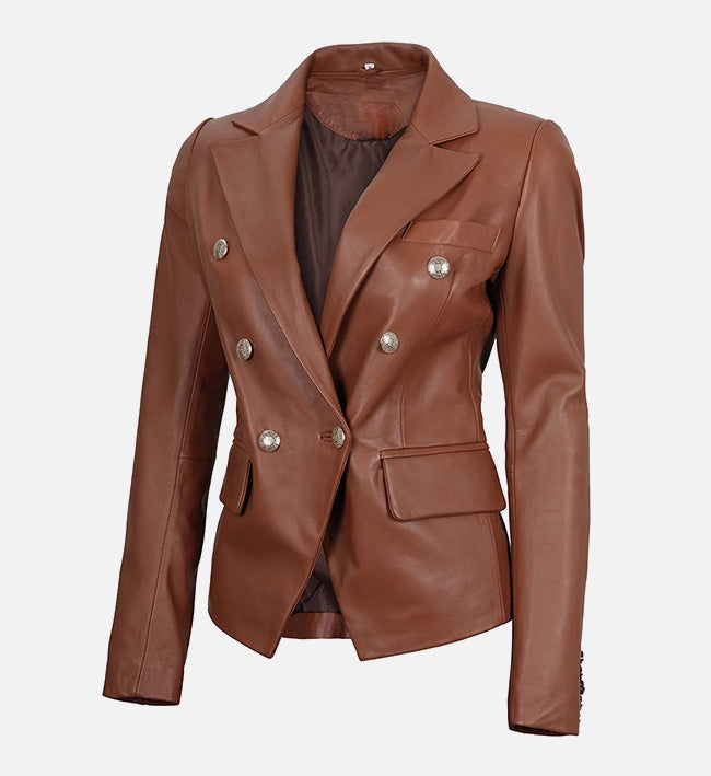 Women's Double Breasted Brown Leather Blazer Jacket