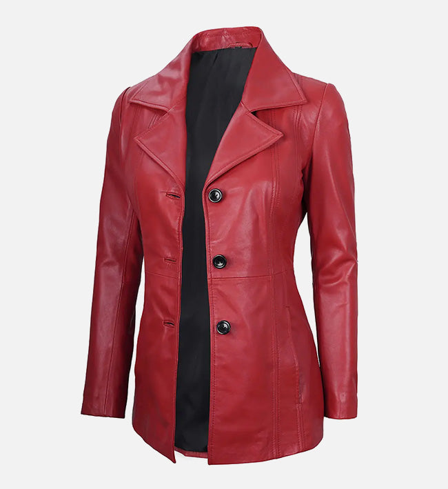 Women's Red Real Leather Blazer Jacket