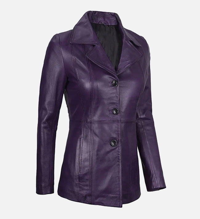 Women's Three Button Real Leather Purple Blazer