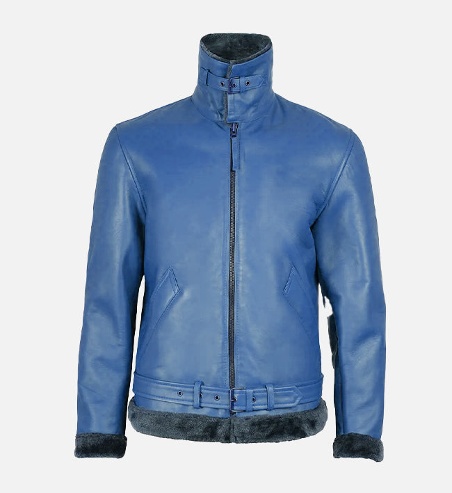 Men's Blue Leather Shearling Bomber Jacket