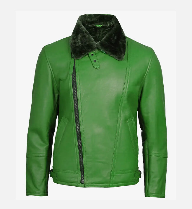 Men's Green Leather Shearling Moto Jacket