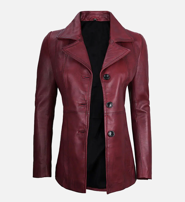 Women's Maroon Leather Blazer with Three Button