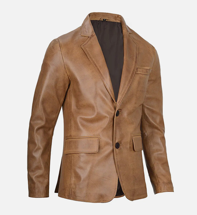 Men's Camel Brown Leather Blazer Jacket