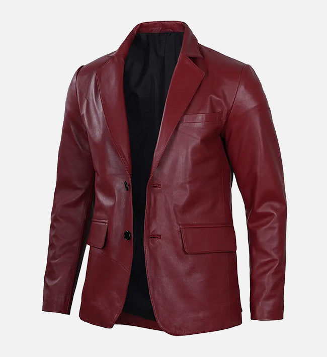 Men's Maroon Leather Blazer Jacket