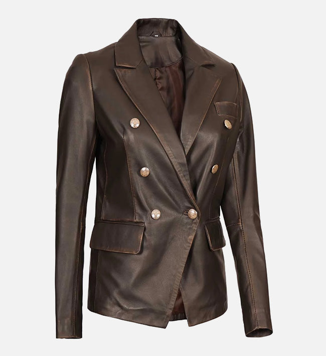 Women's Double-Breasted Rub Off Brown Leather Blazer