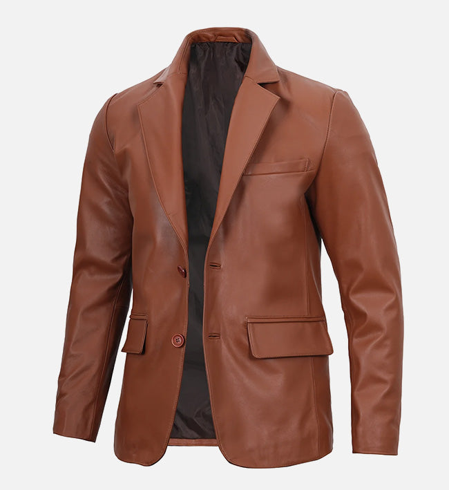 Men's Cognac Brown Leather Blazer Jacket