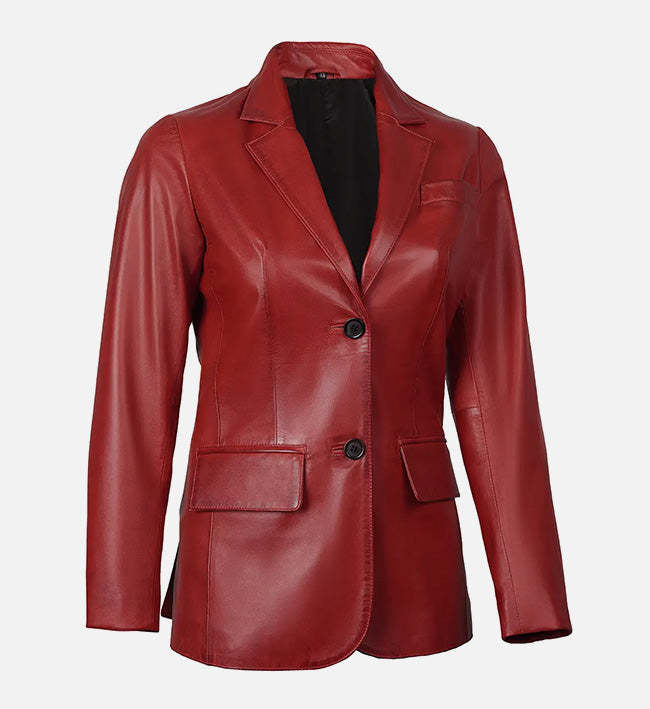 Women's Two Button Red Leather Blazer Jacket