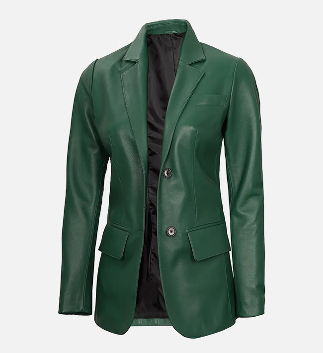 Women's Two Buttons Green Leather Blazer Jacket