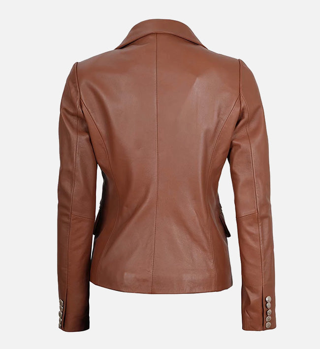 Women's Double Breasted Brown Leather Blazer Jacket