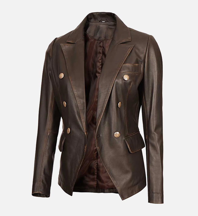 Women's Double-Breasted Rub Off Brown Leather Blazer