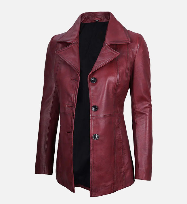 Women's Maroon Leather Blazer with Three Button