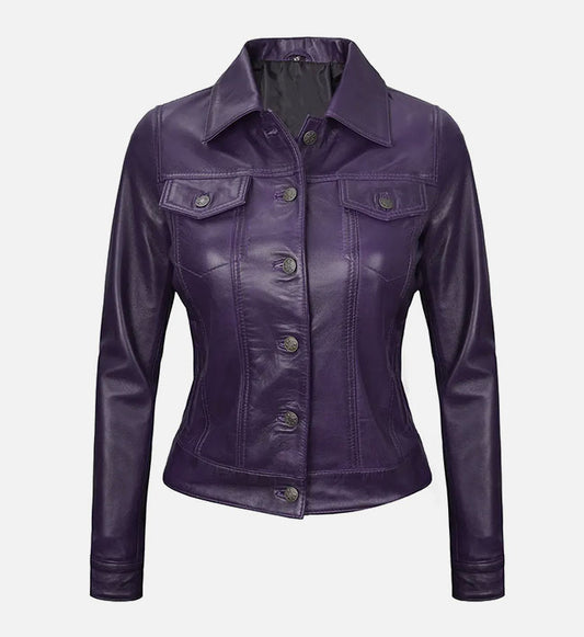 Women's Purple Trucker Leather Jacket