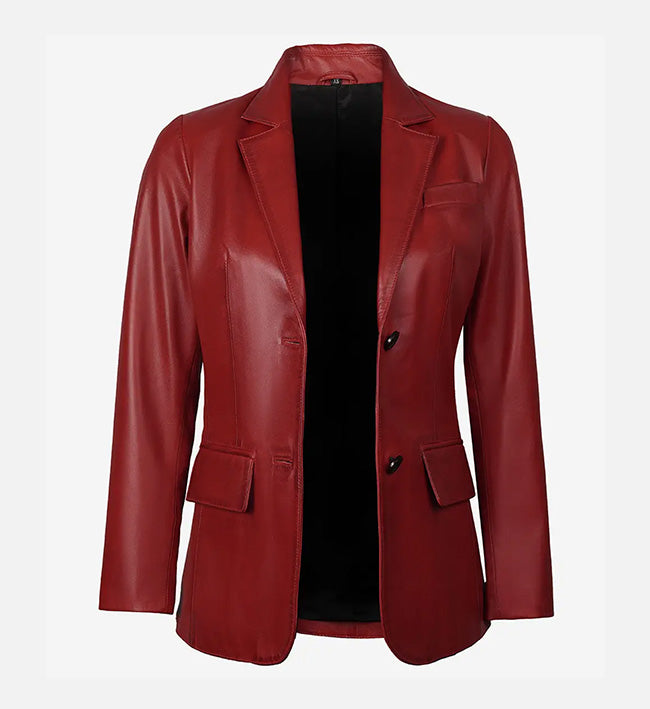 Women's Two Button Red Leather Blazer Jacket