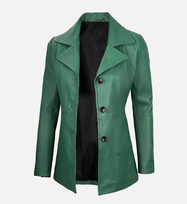 Women's Green  Leather Blazer with Three Button