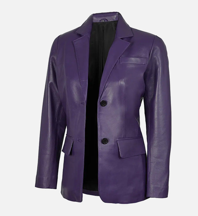 Women's Two Button Purple Leather Blazer Jacket