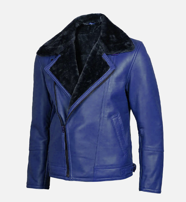 Men's Blue Leather Shearling Moto Jacket