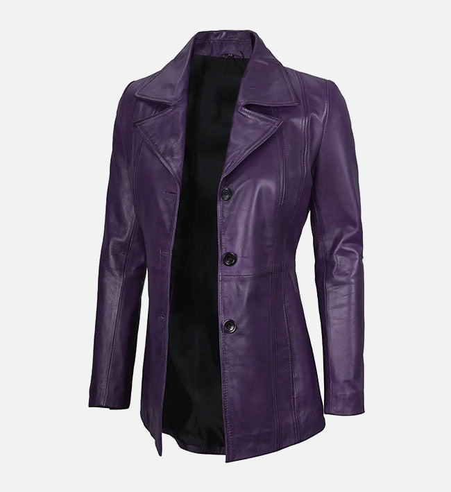 Women's Three Button Real Leather Purple Blazer