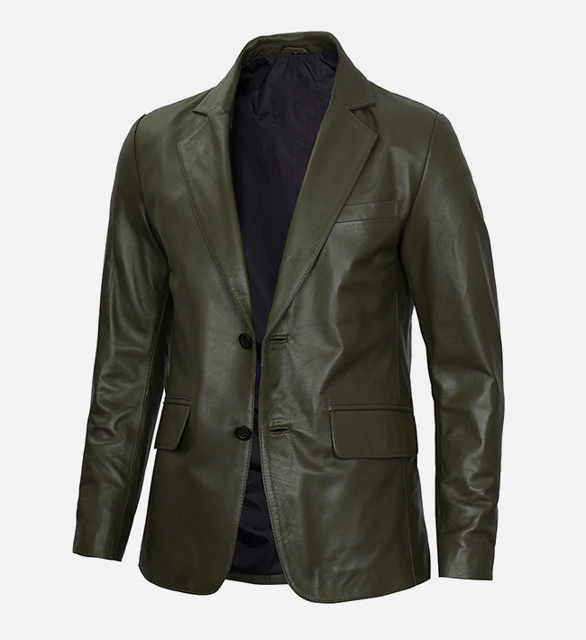 Men's Dark Green  Leather Blazer Jacket