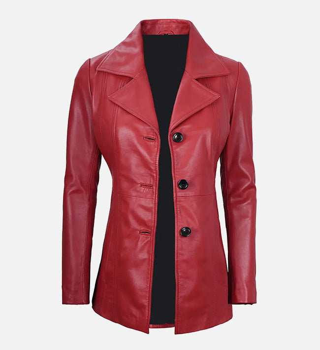 Women's Red Real Leather Blazer Jacket