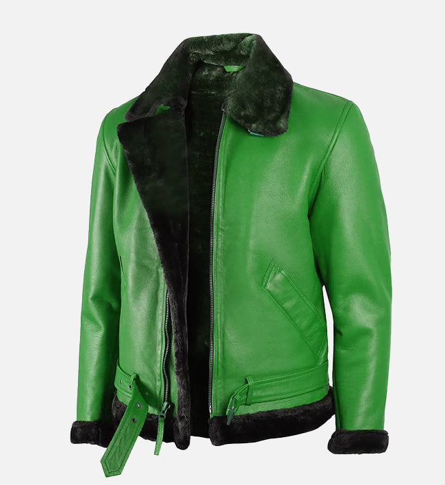 Men's Green Leather Shearling Bomber Jacket