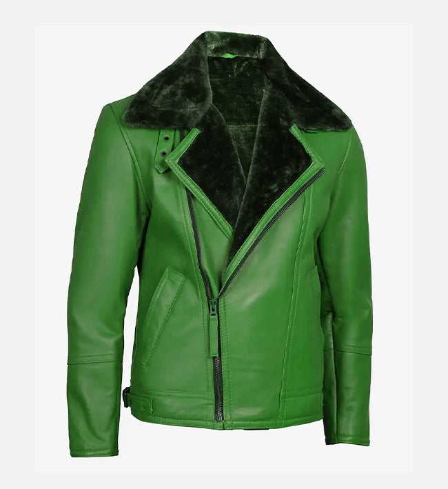 Men's Green Leather Shearling Moto Jacket