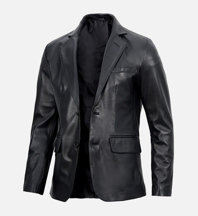 Men's Black Leather Blazer Jacket