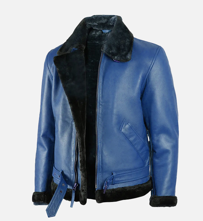 Men's Blue Leather Shearling Bomber Jacket