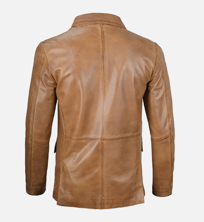 Men's Camel Brown Leather Blazer Jacket