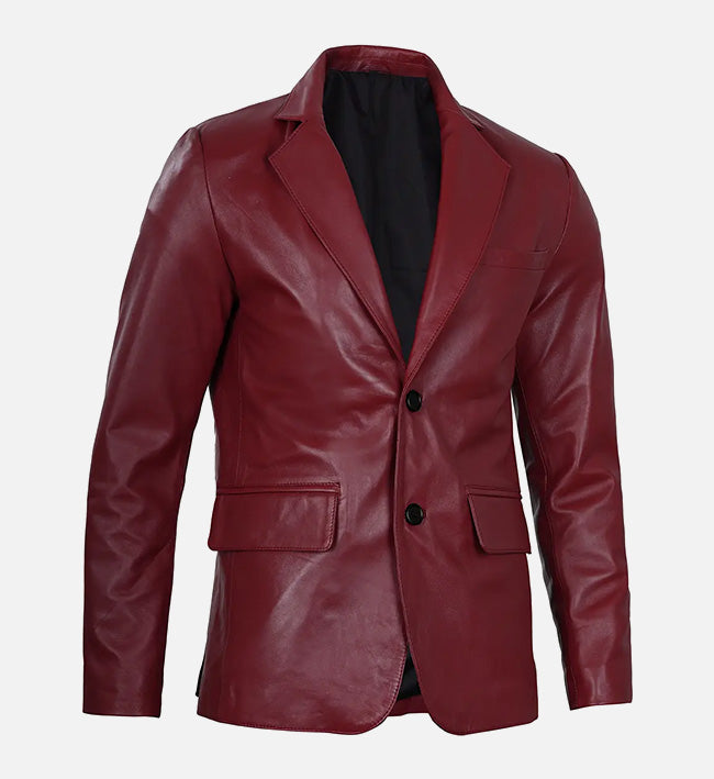 Men's Maroon Leather Blazer Jacket