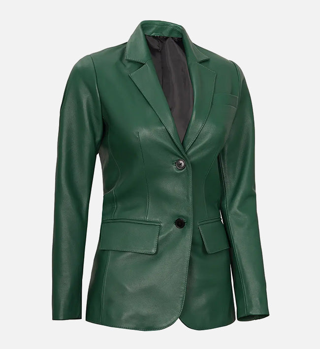 Women's Two Buttons Green Leather Blazer Jacket