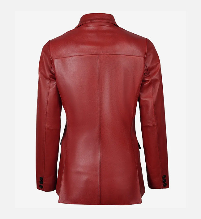 Women's Two Button Red Leather Blazer Jacket