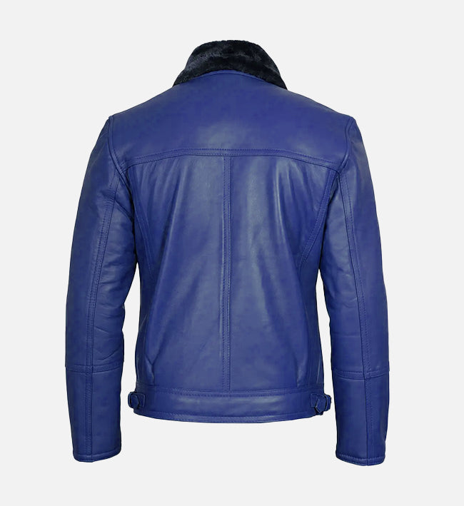 Men's Blue Leather Shearling Moto Jacket