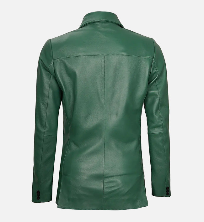 Women's Two Buttons Green Leather Blazer Jacket