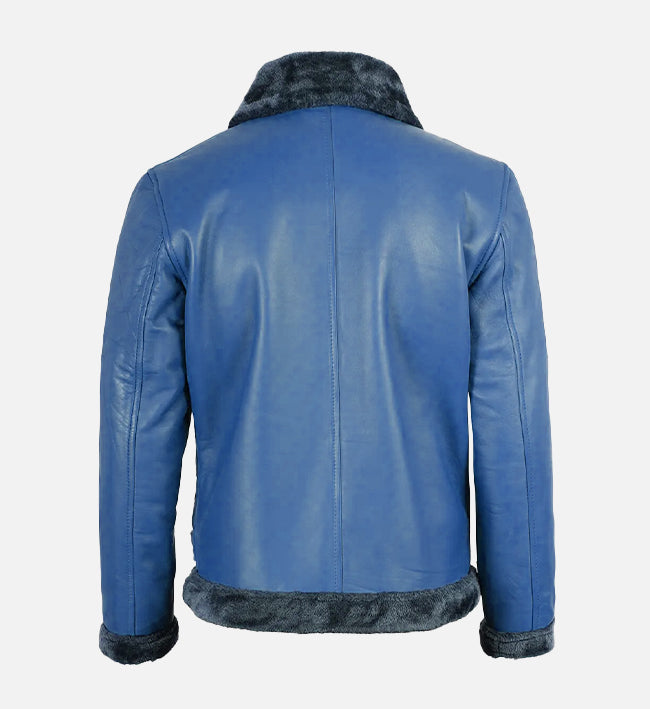 Men's Blue Leather Shearling Bomber Jacket