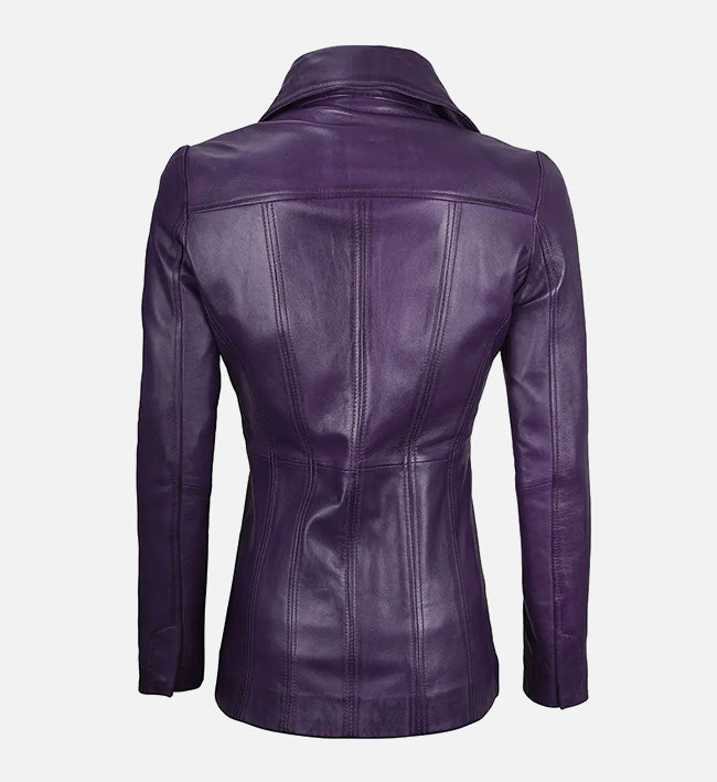 Women's Three Button Real Leather Purple Blazer