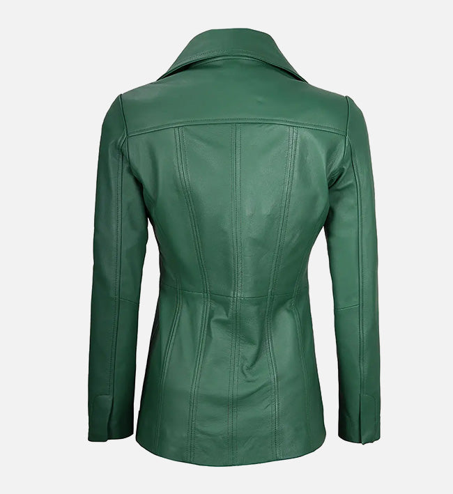 Women's Green  Leather Blazer with Three Button