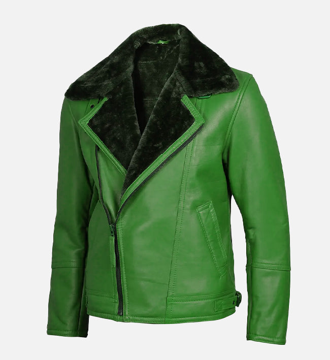 Men's Green Leather Shearling Moto Jacket