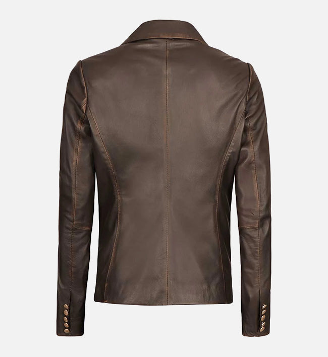 Women's Double-Breasted Rub Off Brown Leather Blazer