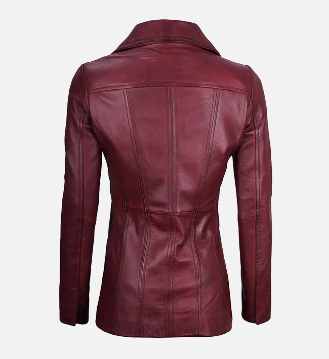 Women's Maroon Leather Blazer with Three Button