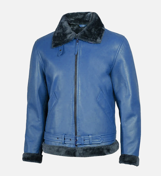 Men's Blue Leather Shearling Bomber Jacket