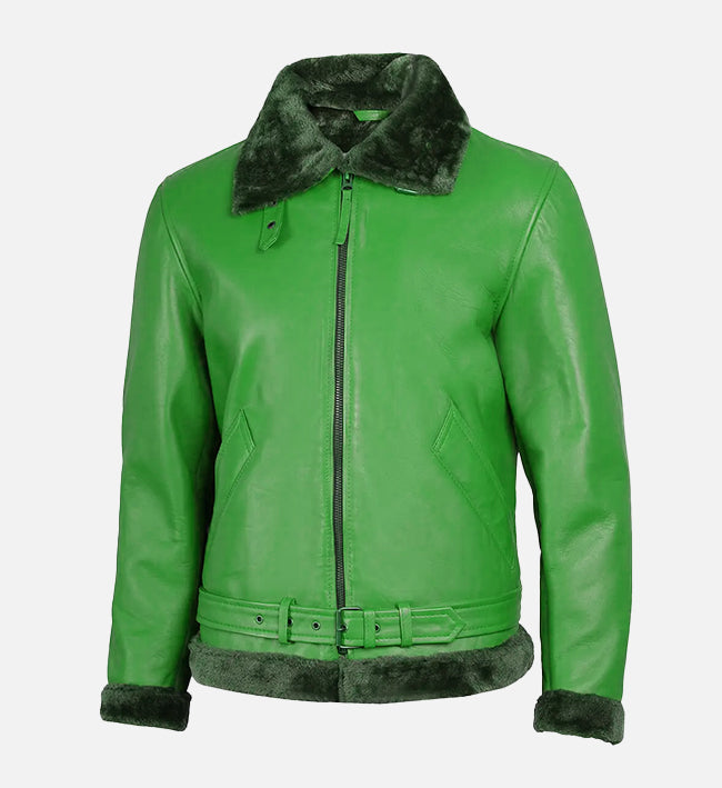 Men's Green Leather Shearling Bomber Jacket