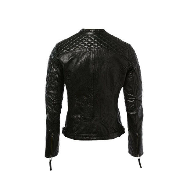 Women’s Short Quilted Shoulder Black Leather Jacket