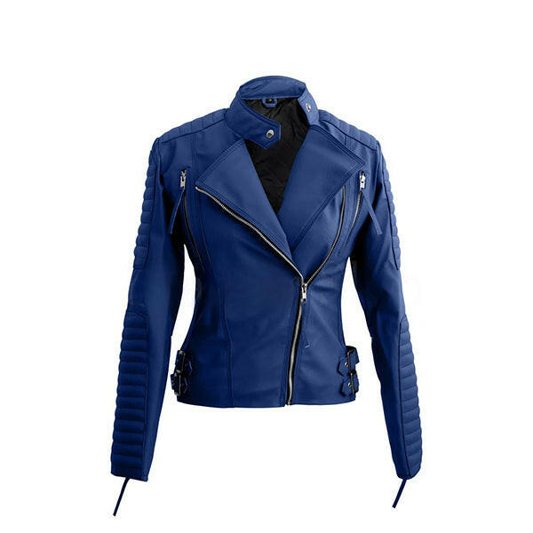 Women's Blue Stylish Biker Leather Jacket - AU LeatherX