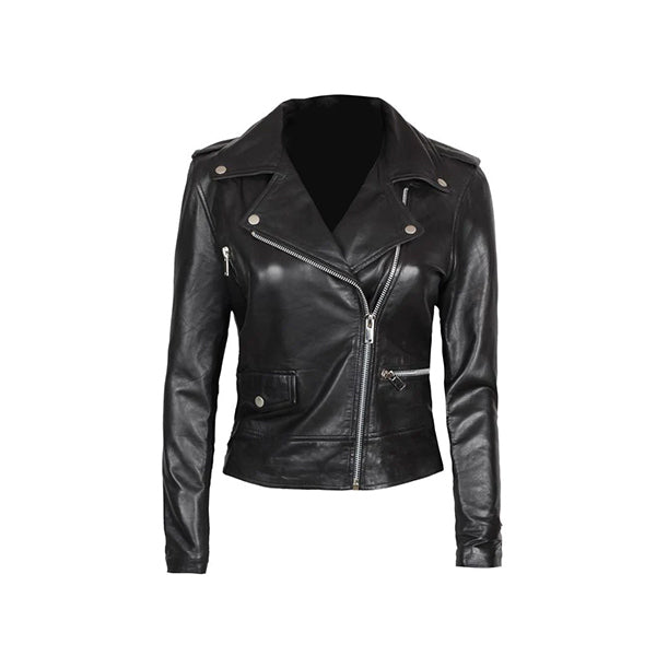 Women's Asymmetrical Black Leather Biker Jacket - AU LeatherX