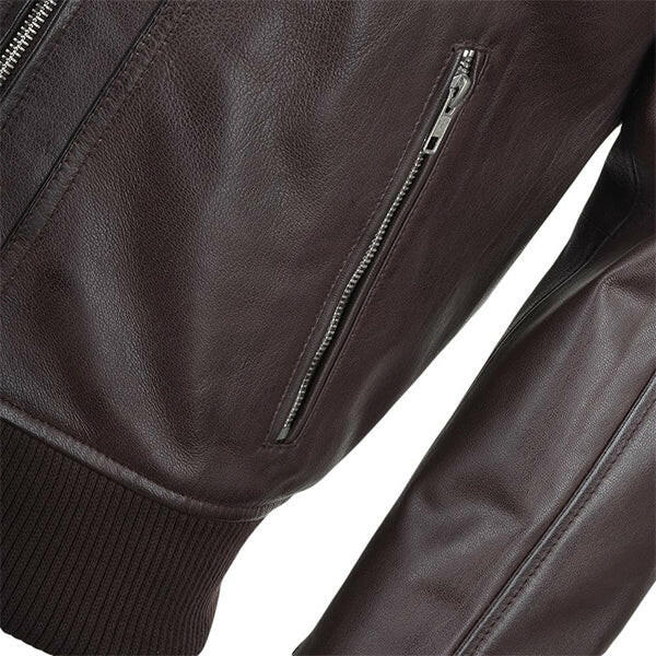 Men’s Snap Double Button Collar Brown Leather Bomber Jacket