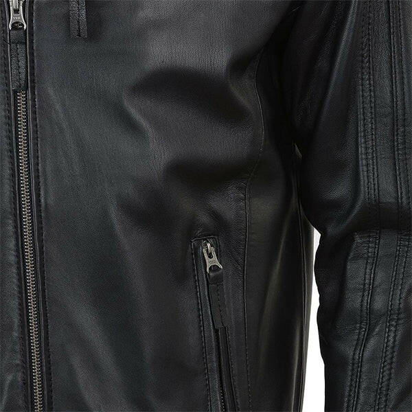 Men’s Quilted Shoulder Black Cafe Racer Leather Jacket