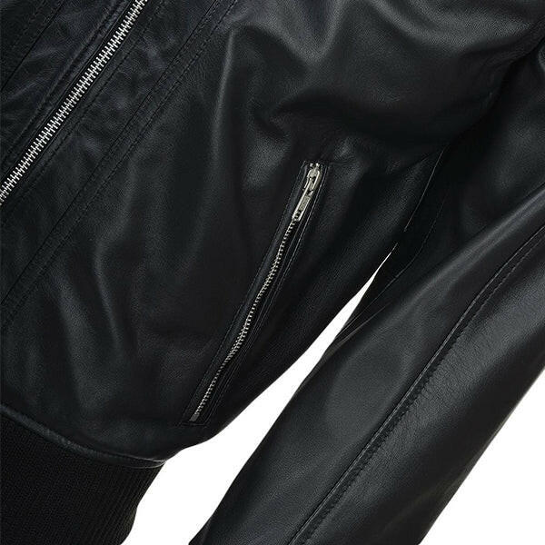 Men’s Snap Double Button Collar Black Leather Bomber Jacket