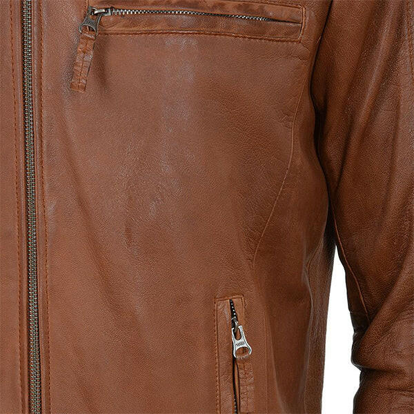 Men’s Quilted Shoulder Tan Cafe Racer Leather Jacket