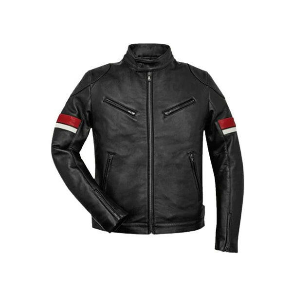 Men’s Red and White Striped Cafe Racer Leather Jacket - AU LeatherX