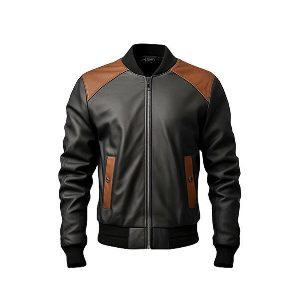 Men's Black and Brown Bomber Leather Jacket
